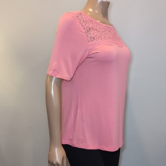 BAY STUDIO Petite Short Sleeve Top Sheer Lace Yoke Stretchy Rayon Barbie - Picture 7 of 10